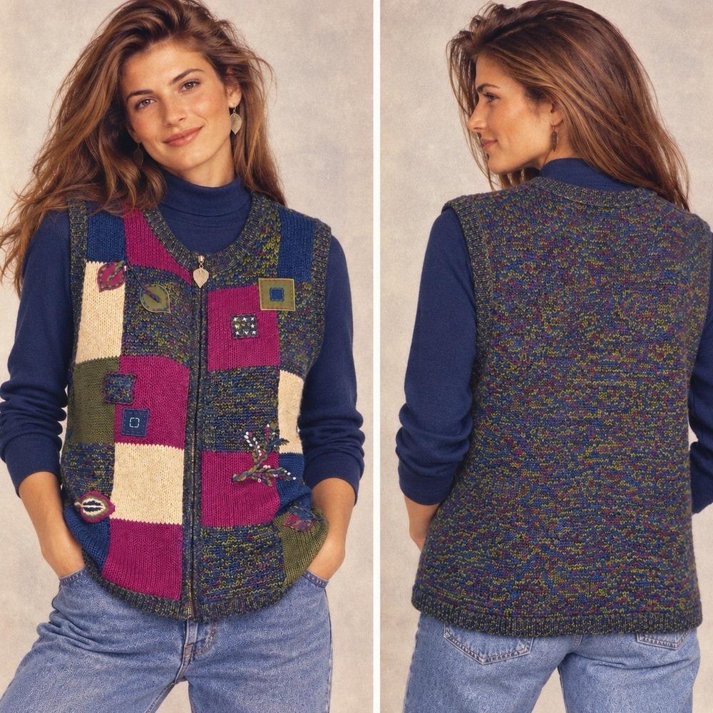 Vtg 90's Cozy Art-to-Wear Knit Sweater Vest Size M Boho Cottagecore Embroidered